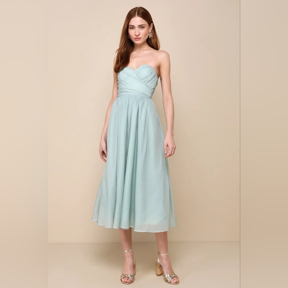 Lulus Fairytale Design Sage Green Organza Strapless A-Line Midi Dress L Wedding - Picture 2 of 9